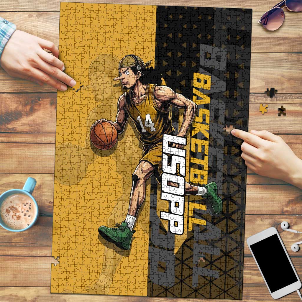 Usopp One Piece Basketball Theme Yellow and Black Design Puzzle with Sniper Emblem and Action Pose - The Mazicc