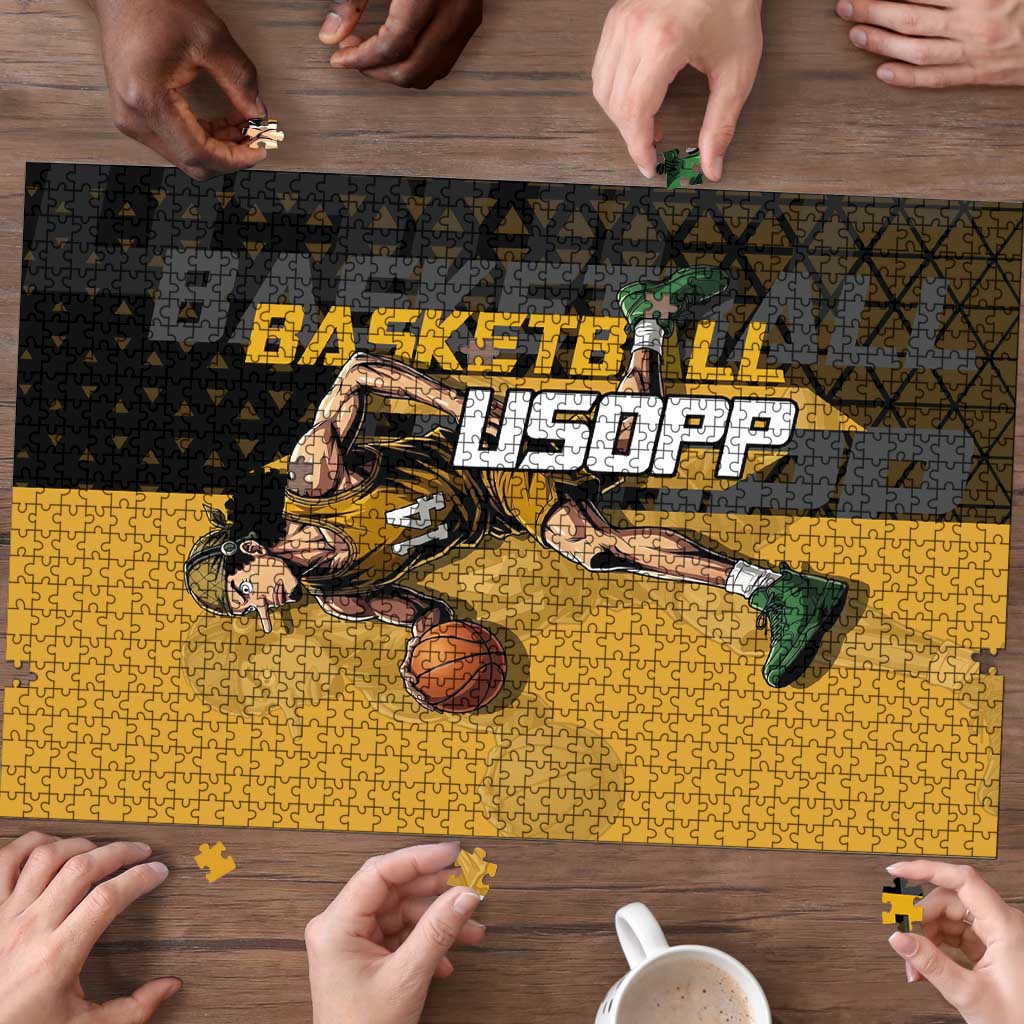 Usopp One Piece Basketball Theme Yellow and Black Design Puzzle with Sniper Emblem and Action Pose - The Mazicc