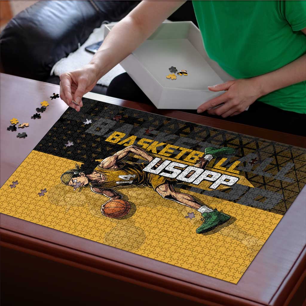 Usopp One Piece Basketball Theme Yellow and Black Design Puzzle with Sniper Emblem and Action Pose - The Mazicc