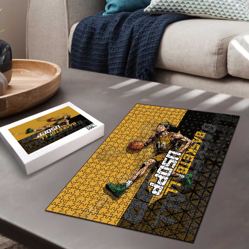 Usopp One Piece Basketball Theme Yellow and Black Design Puzzle with Sniper Emblem and Action Pose - The Mazicc