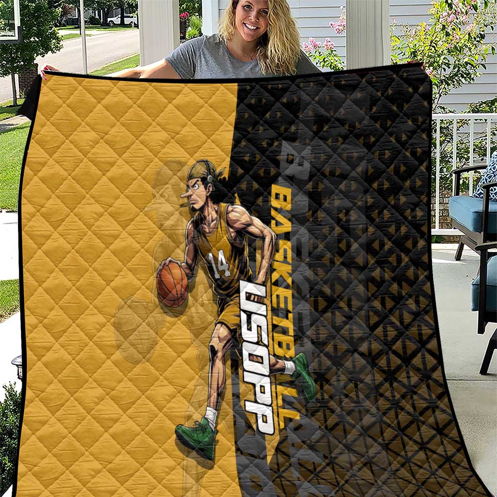 Usopp One Piece Basketball Theme Yellow and Black Design Quilt with Sniper Emblem and Action Pose - The Mazicc