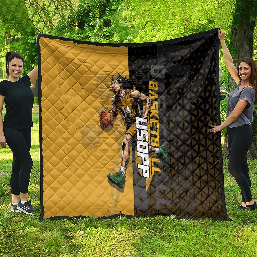 Usopp One Piece Basketball Theme Yellow and Black Design Quilt with Sniper Emblem and Action Pose - The Mazicc