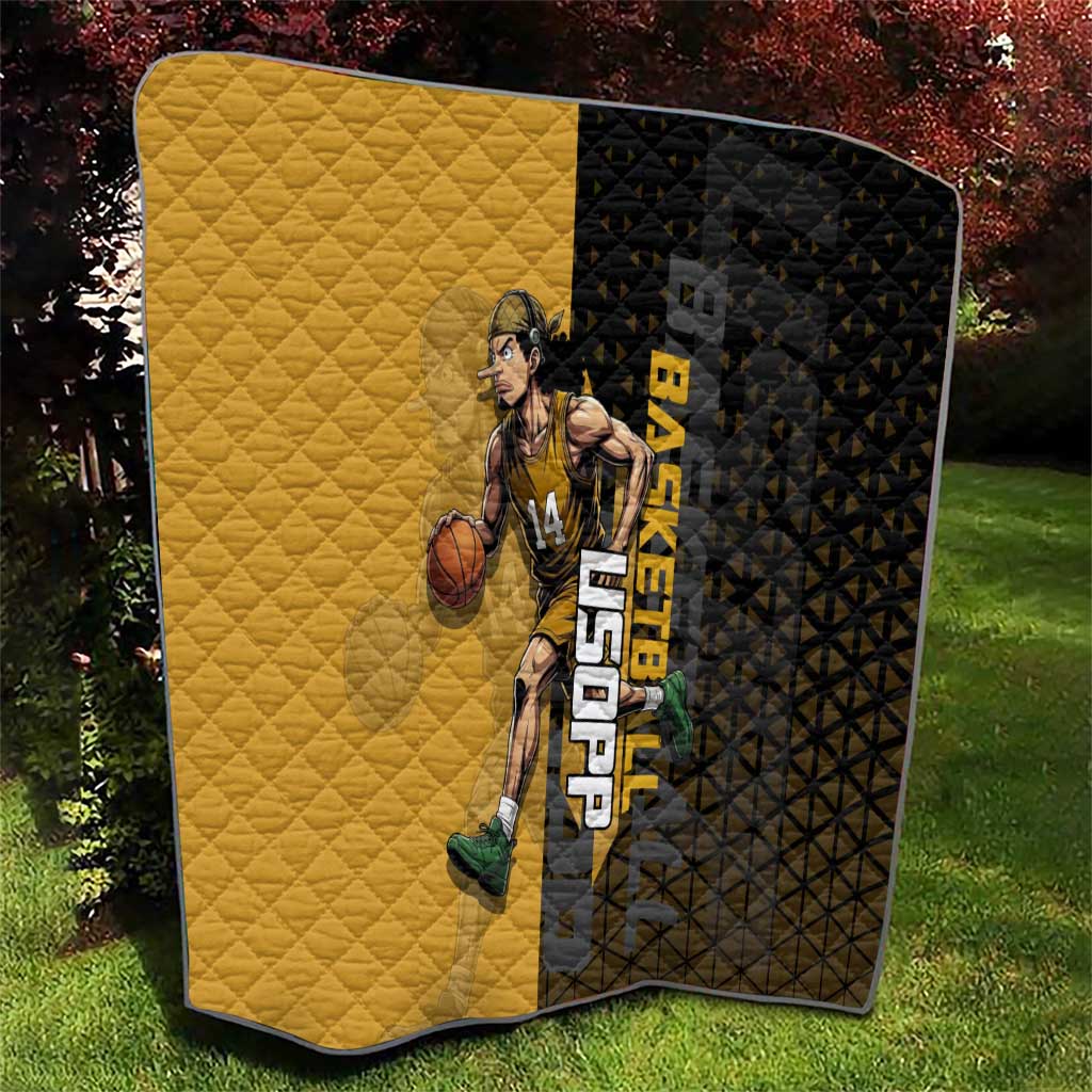 Usopp One Piece Basketball Theme Yellow and Black Design Quilt with Sniper Emblem and Action Pose - The Mazicc