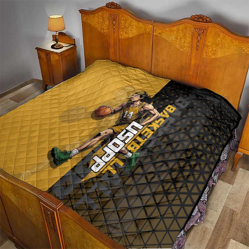 Usopp One Piece Basketball Theme Yellow and Black Design Quilt with Sniper Emblem and Action Pose - The Mazicc
