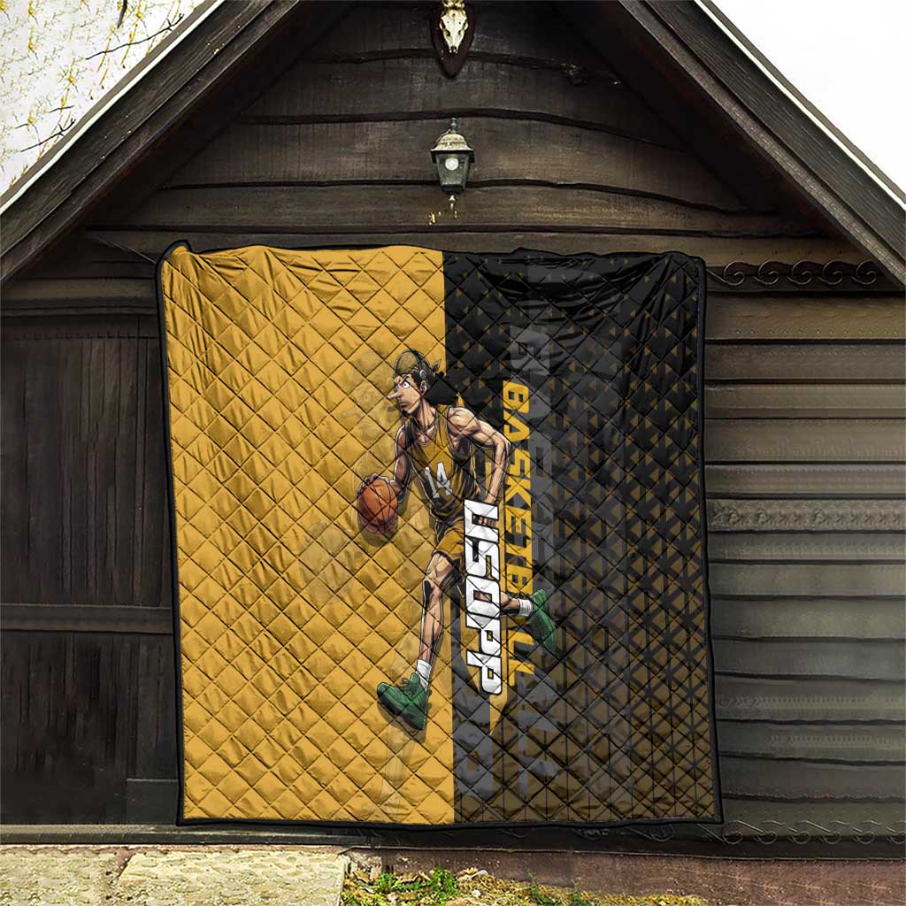 Usopp One Piece Basketball Theme Yellow and Black Design Quilt with Sniper Emblem and Action Pose - The Mazicc