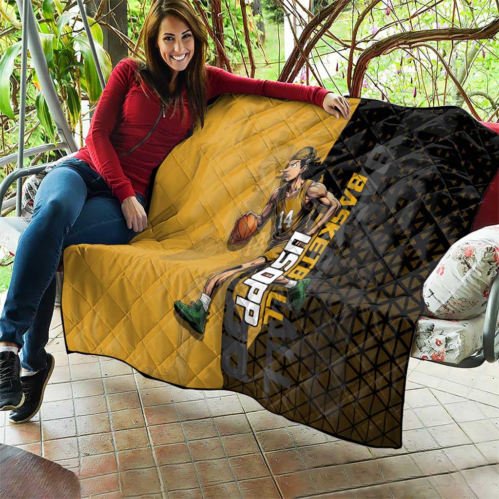 Usopp One Piece Basketball Theme Yellow and Black Design Quilt with Sniper Emblem and Action Pose - The Mazicc