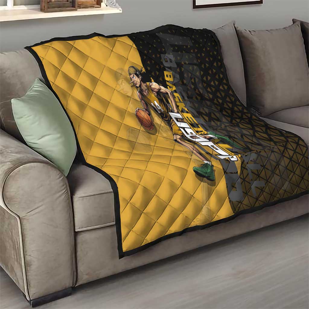 Usopp One Piece Basketball Theme Yellow and Black Design Quilt with Sniper Emblem and Action Pose - The Mazicc