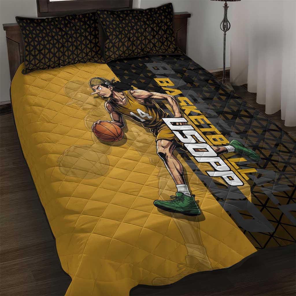 Usopp One Piece Basketball Theme Yellow and Black Design Quilt Bed Set with Sniper Emblem and Action Pose - The Mazicc