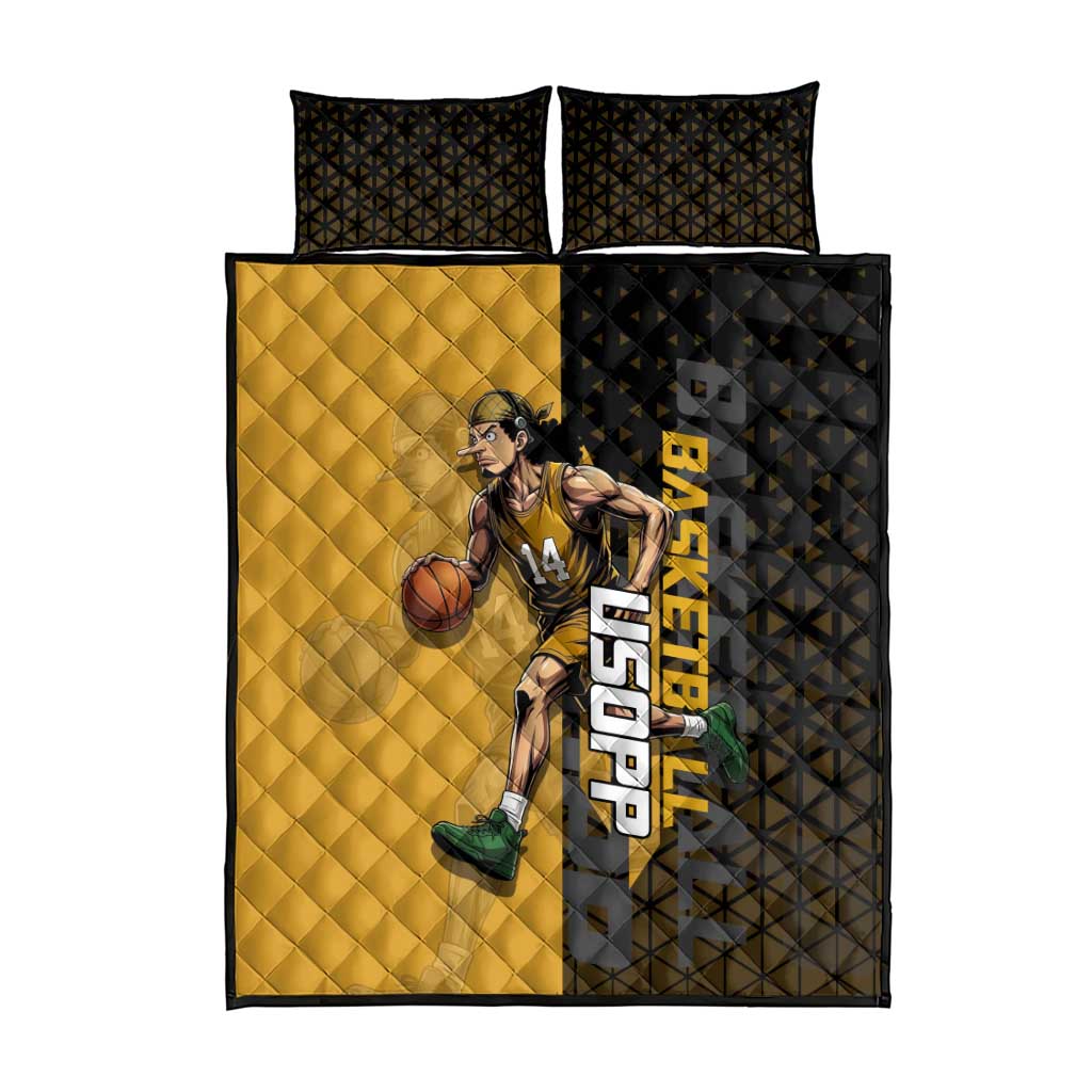 Usopp One Piece Basketball Theme Yellow and Black Design Quilt Bed Set with Sniper Emblem and Action Pose - The Mazicc