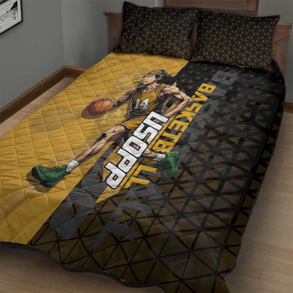 Usopp One Piece Basketball Theme Yellow and Black Design Quilt Bed Set with Sniper Emblem and Action Pose - The Mazicc