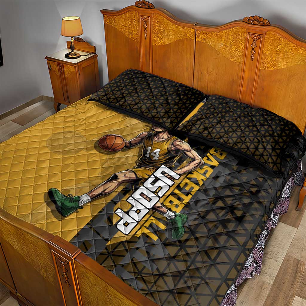 Usopp One Piece Basketball Theme Yellow and Black Design Quilt Bed Set with Sniper Emblem and Action Pose - The Mazicc