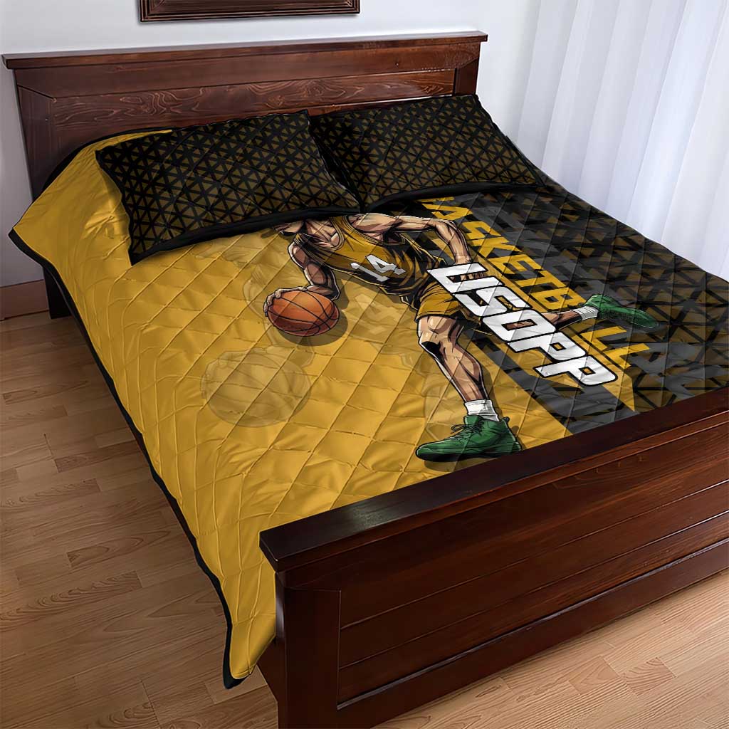 Usopp One Piece Basketball Theme Yellow and Black Design Quilt Bed Set with Sniper Emblem and Action Pose - The Mazicc