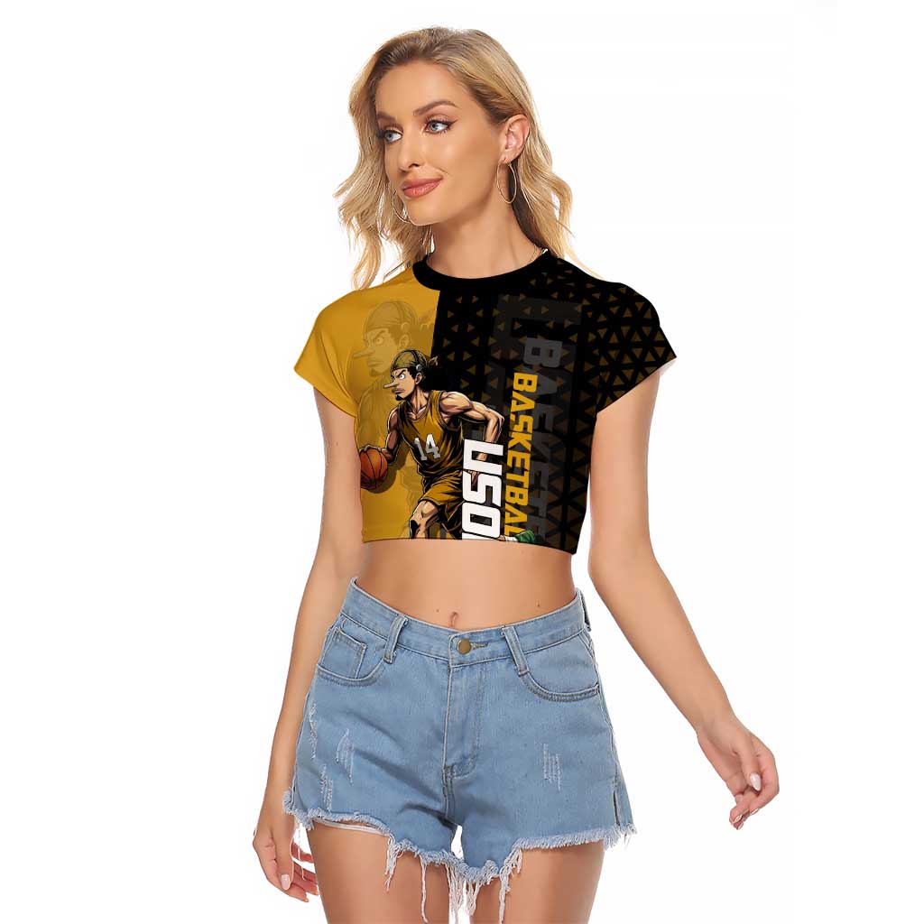 Usopp One Piece Basketball Theme Yellow and Black Design Raglan Cropped T Shirt with Sniper Emblem and Action Pose - The Mazicc