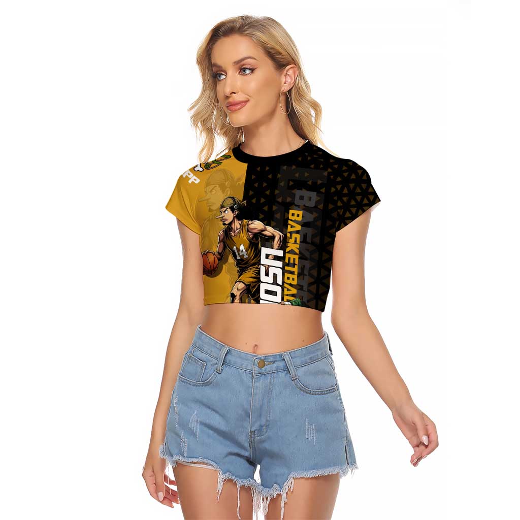 Usopp One Piece Basketball Theme Yellow and Black Design Raglan Cropped T Shirt with Sniper Emblem and Action Pose - The Mazicc