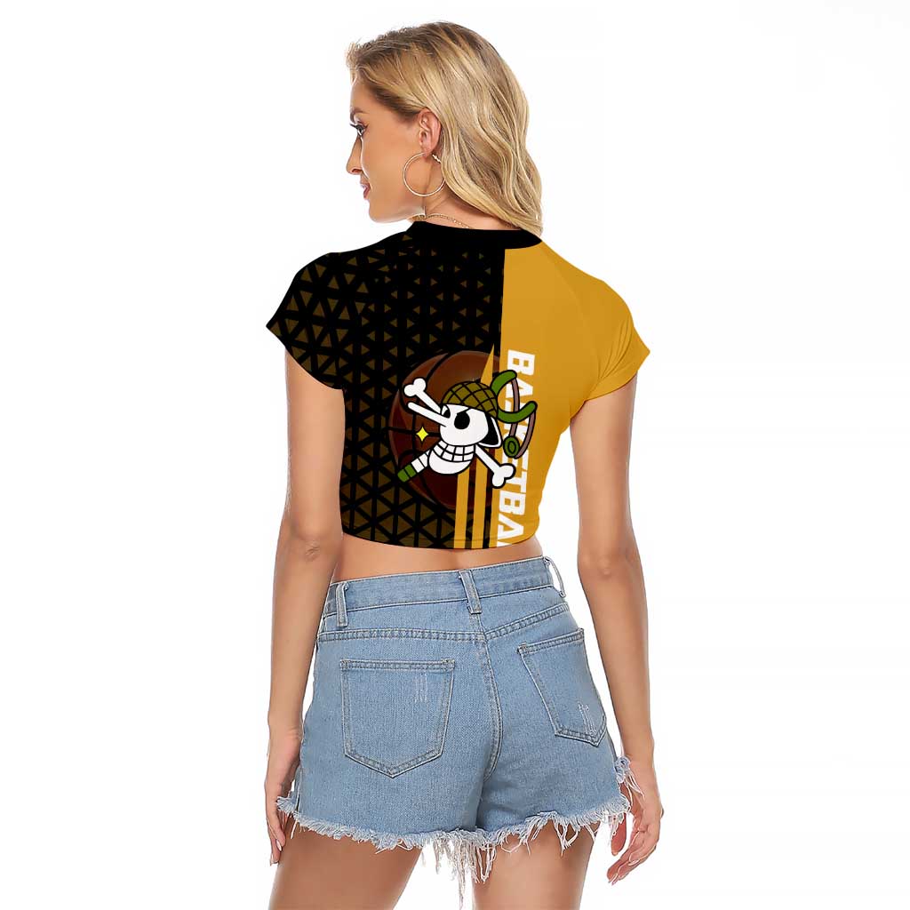 Usopp One Piece Basketball Theme Yellow and Black Design Raglan Cropped T Shirt with Sniper Emblem and Action Pose - The Mazicc