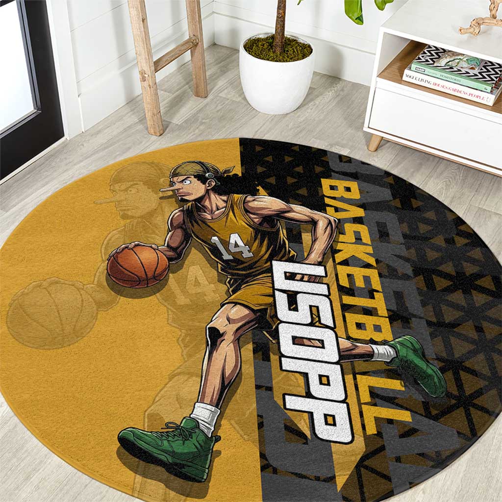 Usopp One Piece Basketball Theme Yellow and Black Design Round Carpet with Sniper Emblem and Action Pose - The Mazicc