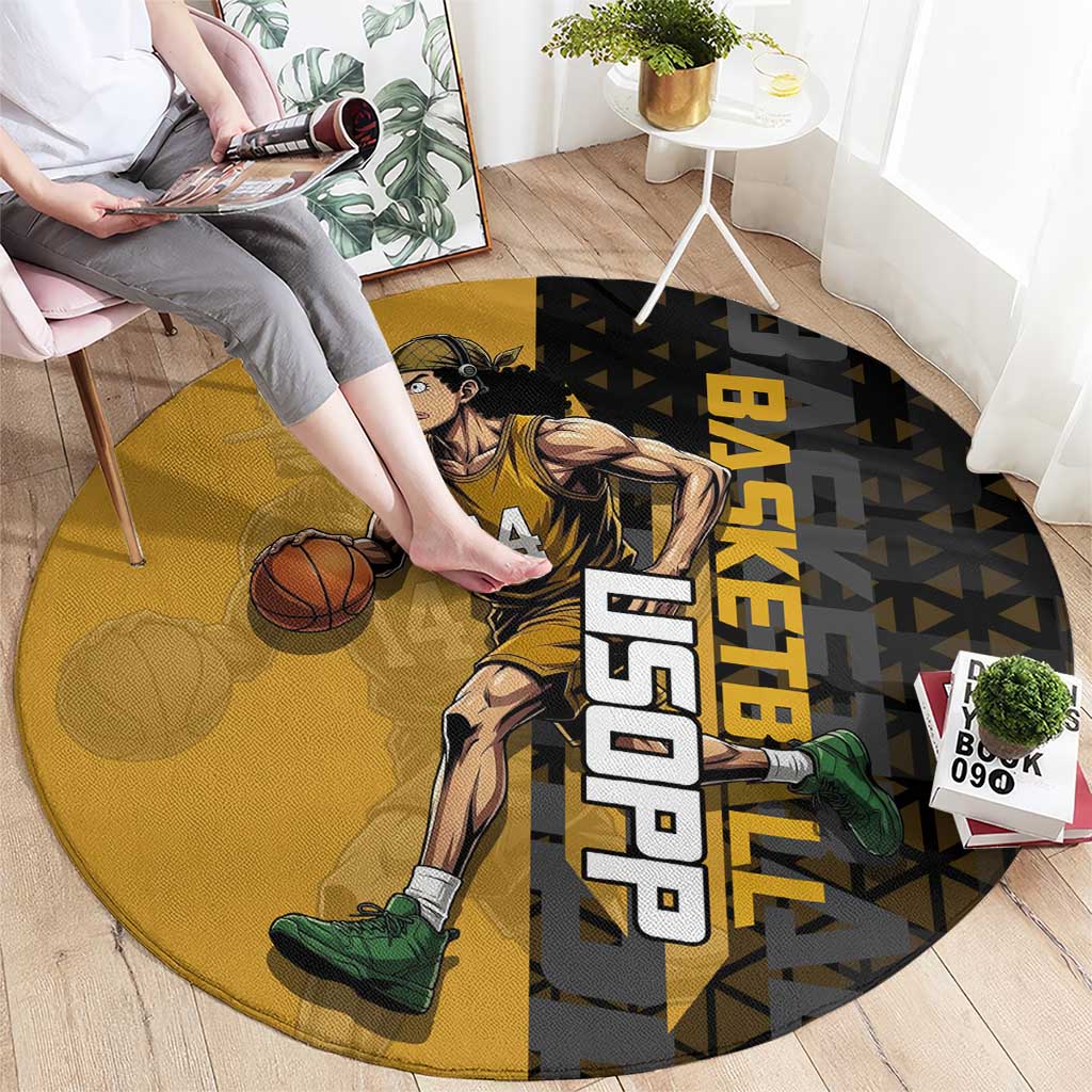 Usopp One Piece Basketball Theme Yellow and Black Design Round Carpet with Sniper Emblem and Action Pose - The Mazicc