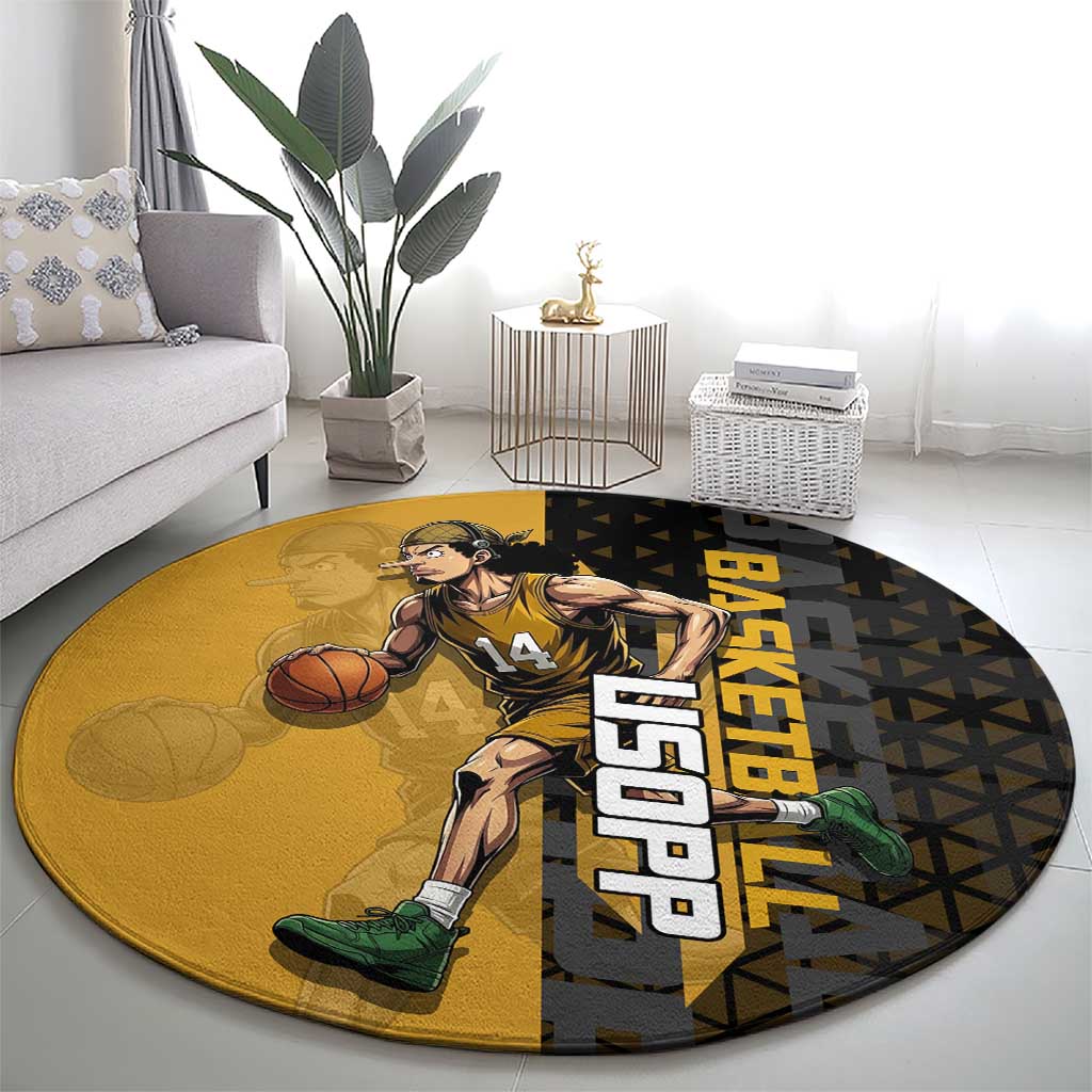 Usopp One Piece Basketball Theme Yellow and Black Design Round Carpet with Sniper Emblem and Action Pose - The Mazicc