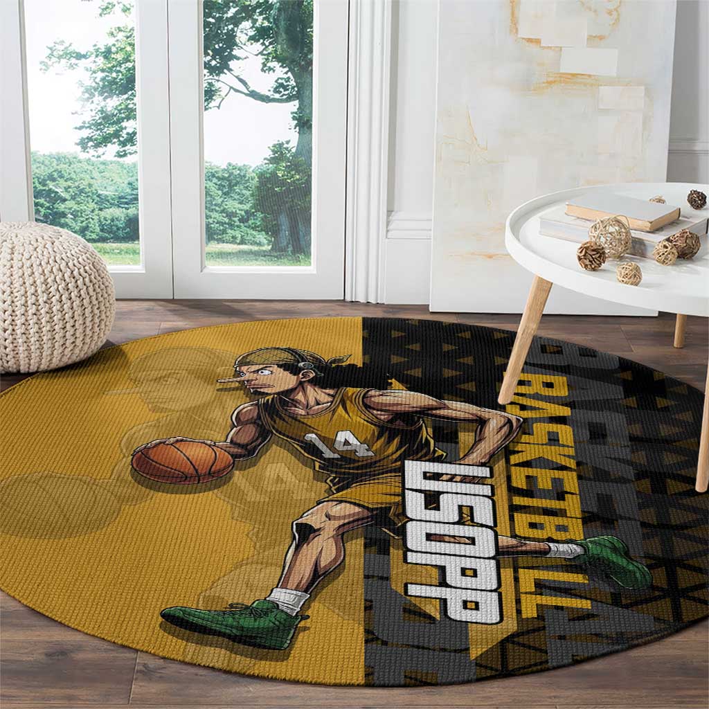 Usopp One Piece Basketball Theme Yellow and Black Design Round Carpet with Sniper Emblem and Action Pose - The Mazicc