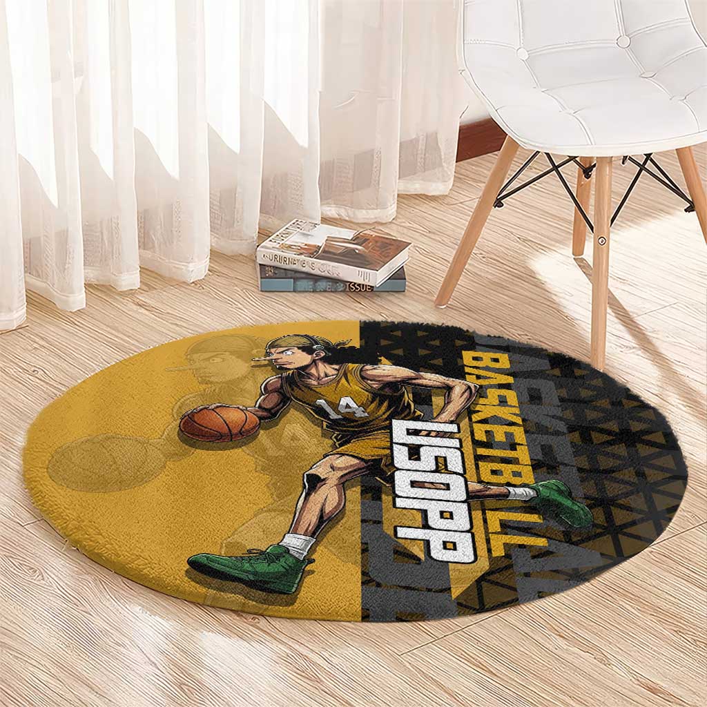 Usopp One Piece Basketball Theme Yellow and Black Design Round Carpet with Sniper Emblem and Action Pose - The Mazicc