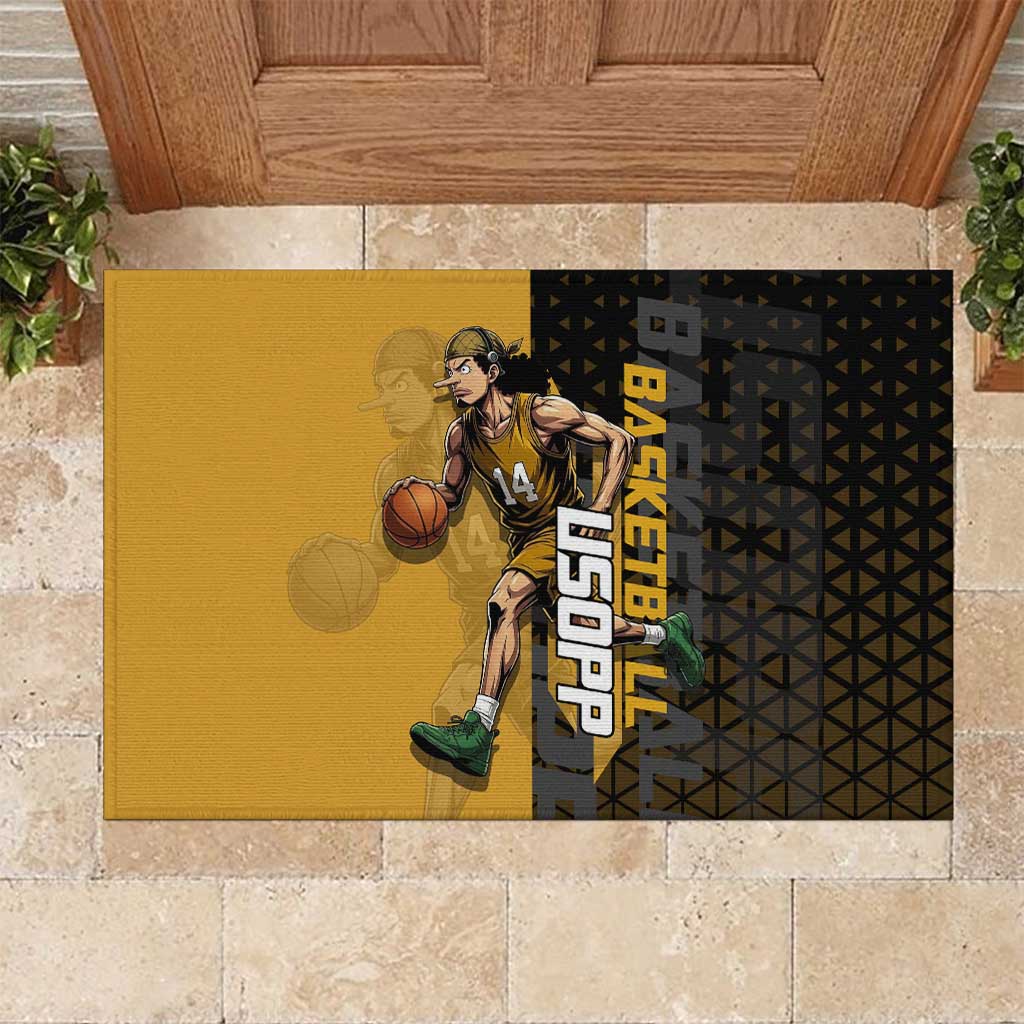 Usopp One Piece Basketball Theme Yellow and Black Design Rubber Doormat with Sniper Emblem and Action Pose - The Mazicc