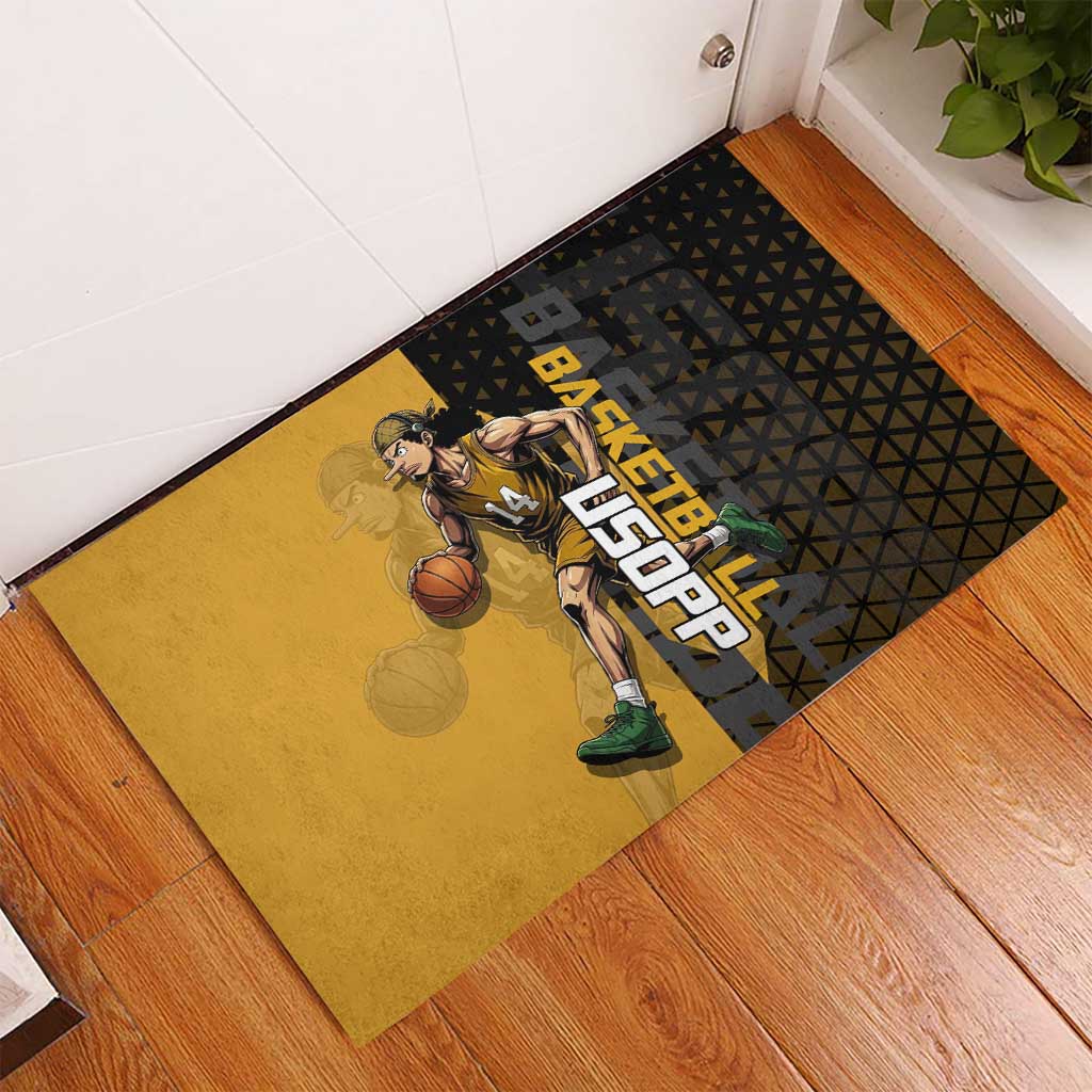 Usopp One Piece Basketball Theme Yellow and Black Design Rubber Doormat with Sniper Emblem and Action Pose - The Mazicc