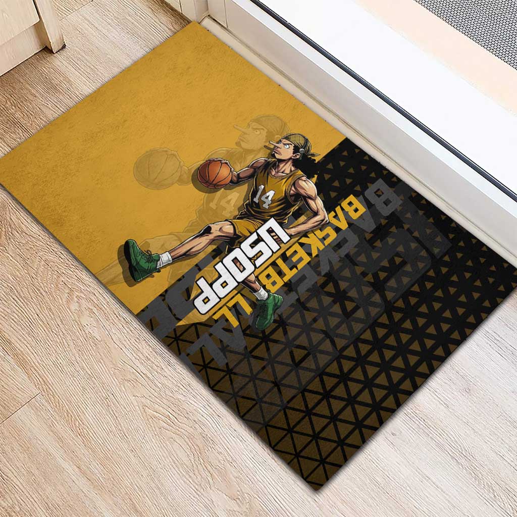 Usopp One Piece Basketball Theme Yellow and Black Design Rubber Doormat with Sniper Emblem and Action Pose - The Mazicc