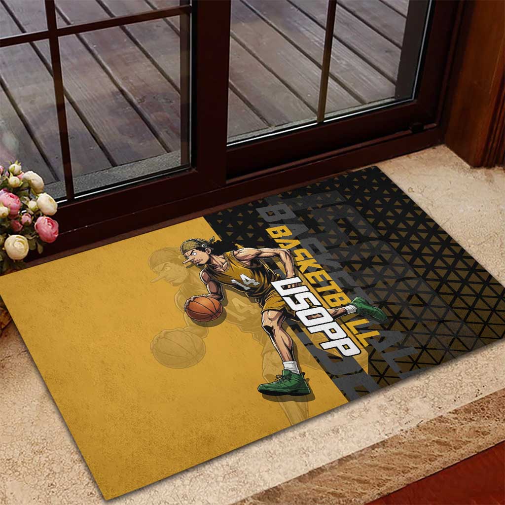 Usopp One Piece Basketball Theme Yellow and Black Design Rubber Doormat with Sniper Emblem and Action Pose - The Mazicc