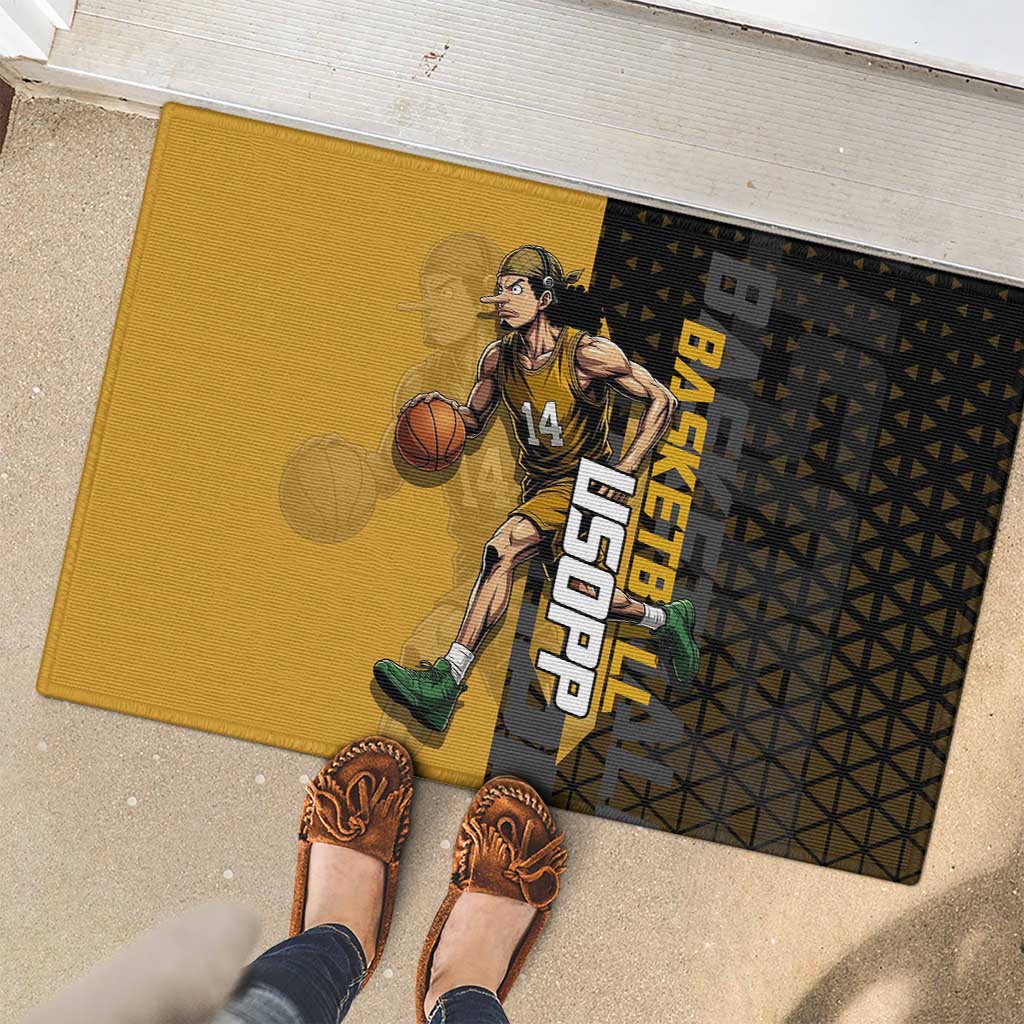 Usopp One Piece Basketball Theme Yellow and Black Design Rubber Doormat with Sniper Emblem and Action Pose - The Mazicc