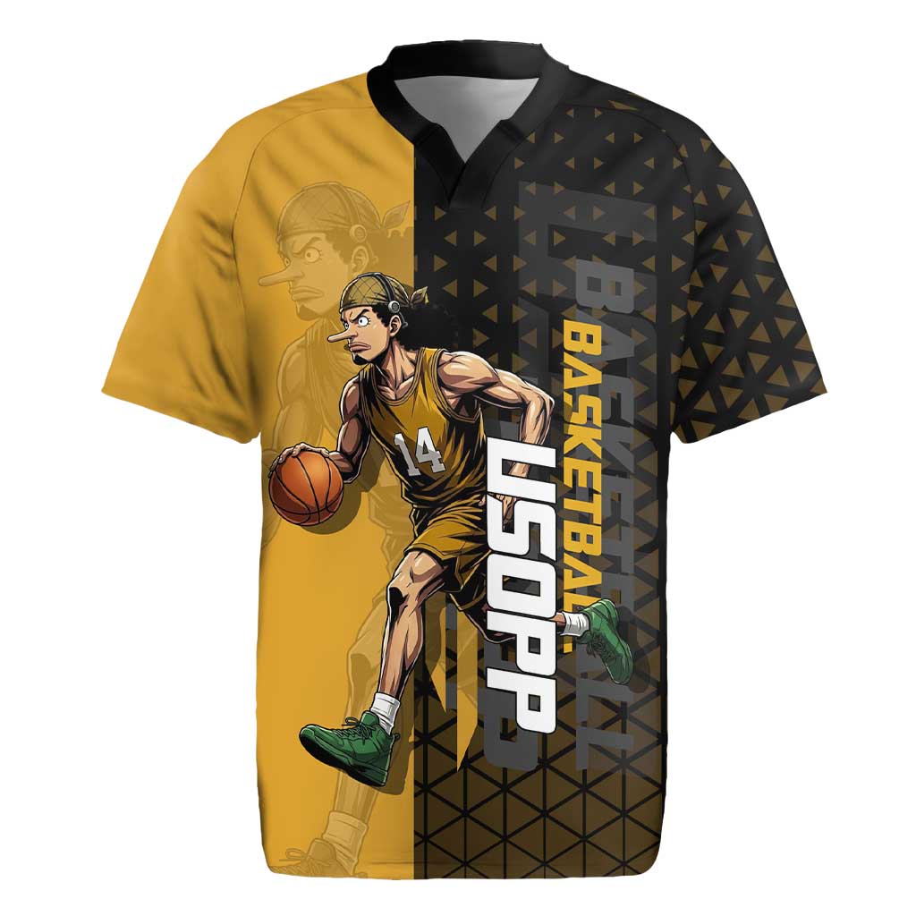 Usopp One Piece Basketball Theme Yellow and Black Design Rugby Jersey with Sniper Emblem and Action Pose - The Mazicc