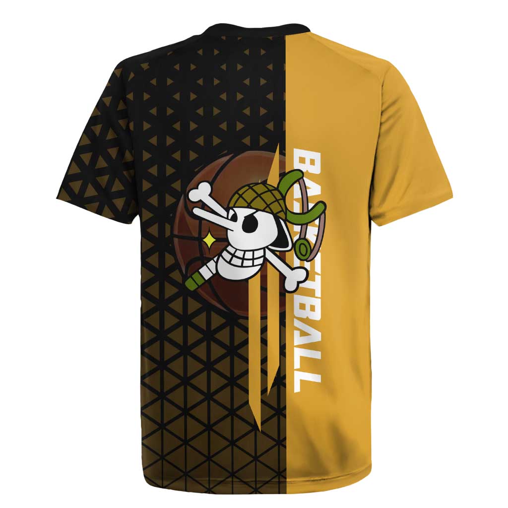 Usopp One Piece Basketball Theme Yellow and Black Design Rugby Jersey with Sniper Emblem and Action Pose - The Mazicc
