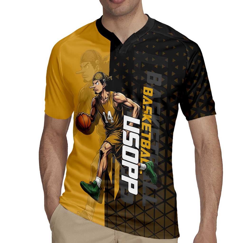 Usopp One Piece Basketball Theme Yellow and Black Design Rugby Jersey with Sniper Emblem and Action Pose - The Mazicc