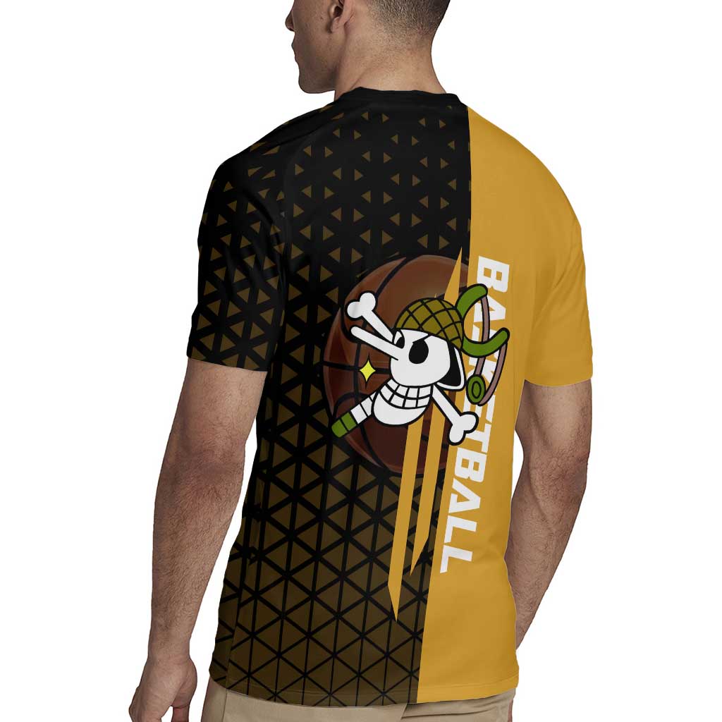 Usopp One Piece Basketball Theme Yellow and Black Design Rugby Jersey with Sniper Emblem and Action Pose - The Mazicc