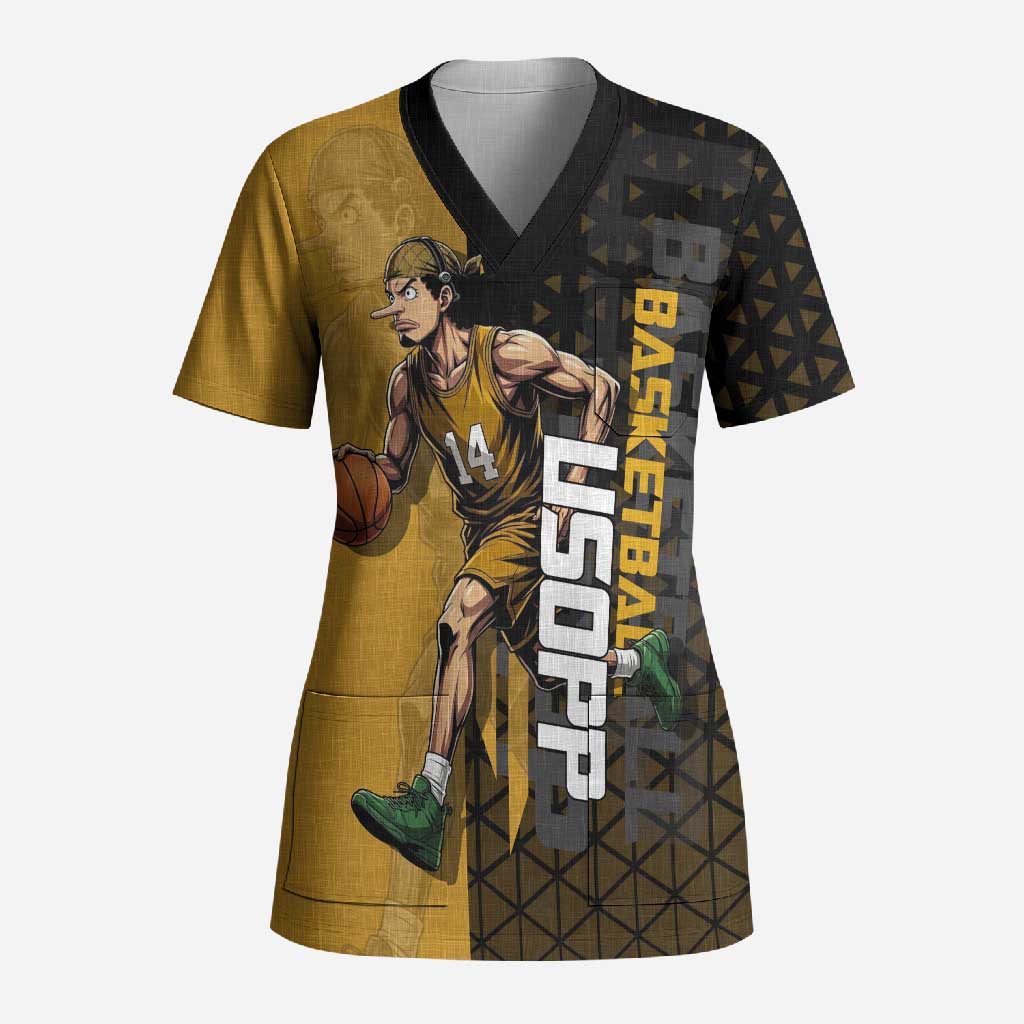 Usopp One Piece Basketball Theme Yellow and Black Design Scrub Top with Sniper Emblem and Action Pose - The Mazicc