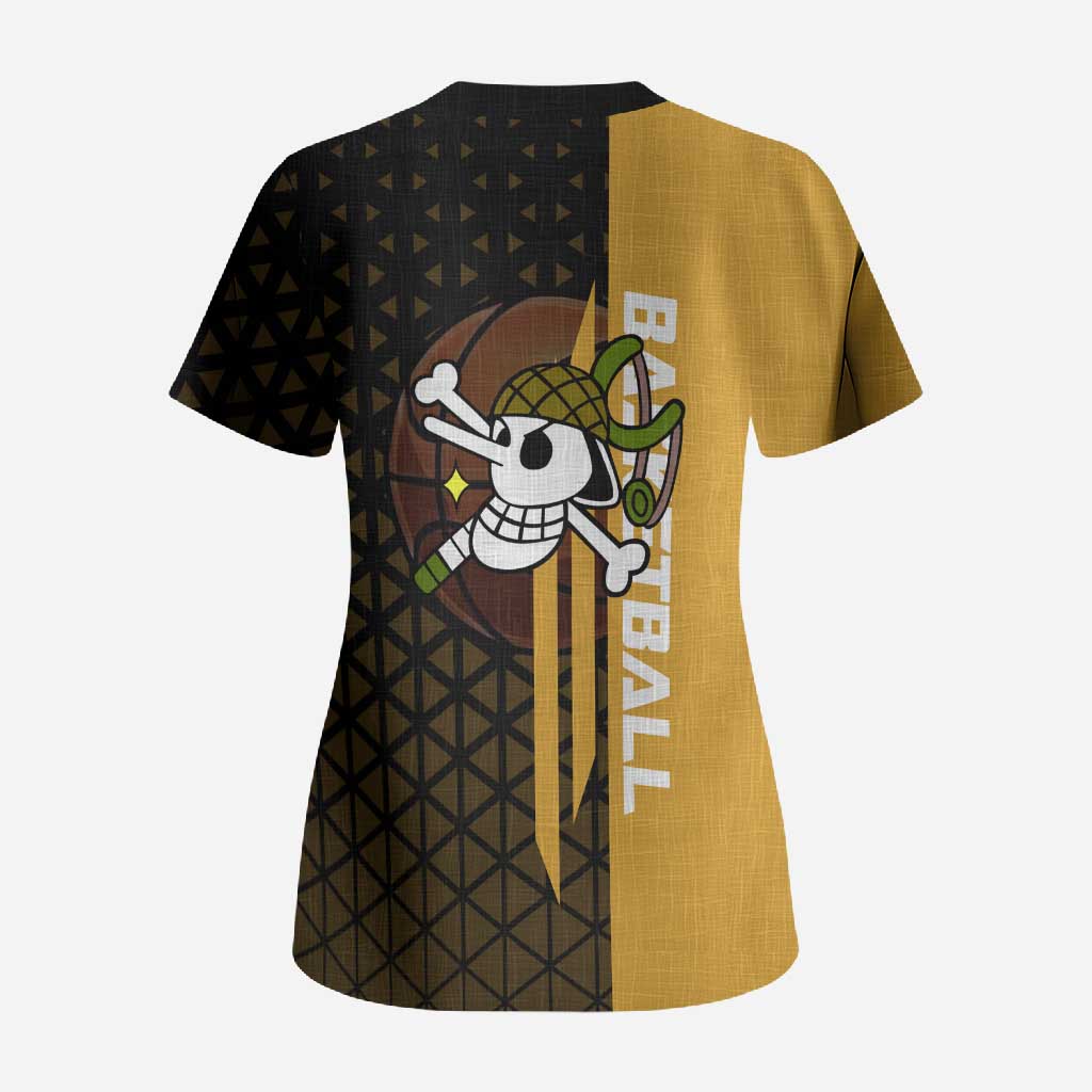 Usopp One Piece Basketball Theme Yellow and Black Design Scrub Top with Sniper Emblem and Action Pose - The Mazicc