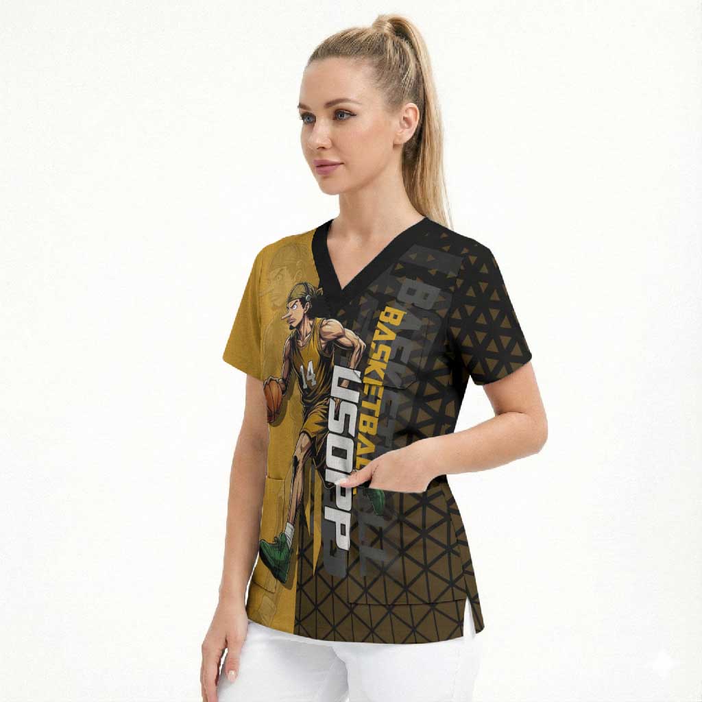 Usopp One Piece Basketball Theme Yellow and Black Design Scrub Top with Sniper Emblem and Action Pose - The Mazicc