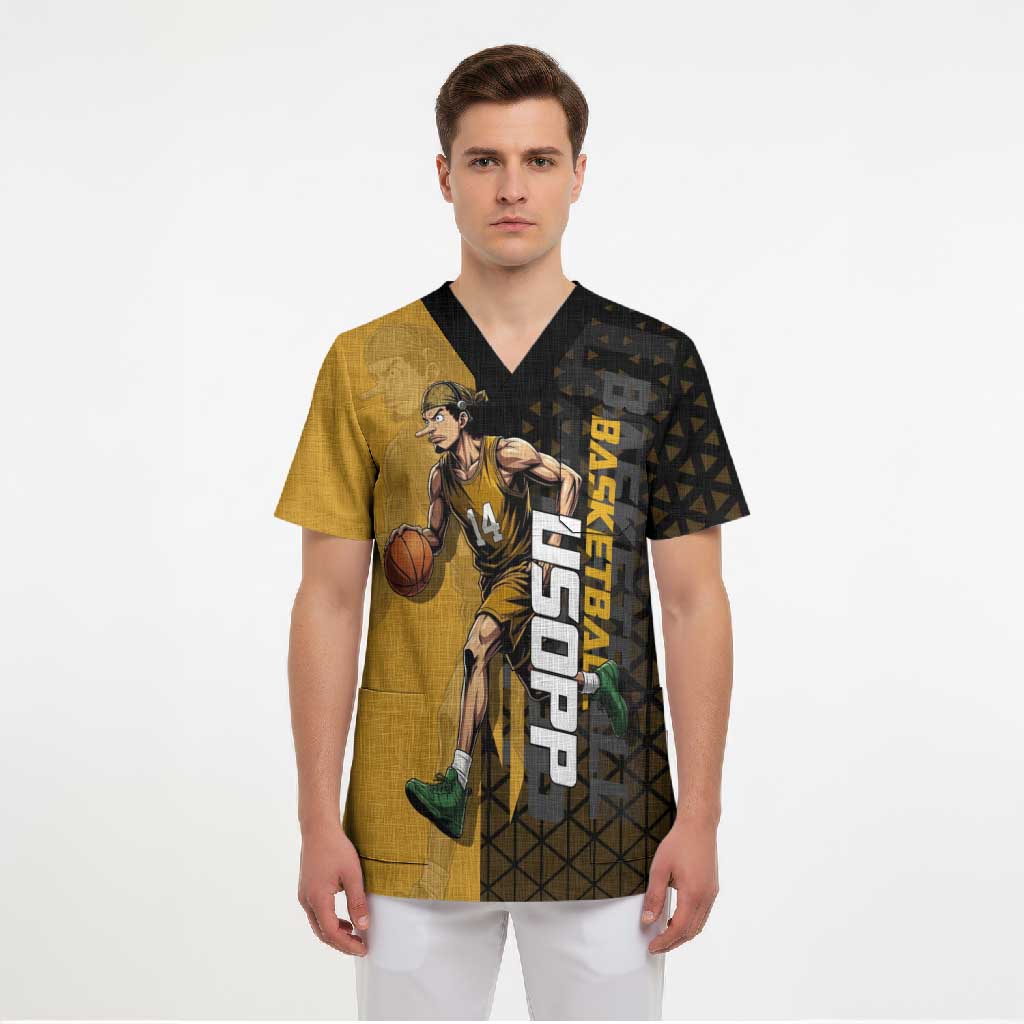Usopp One Piece Basketball Theme Yellow and Black Design Scrub Top with Sniper Emblem and Action Pose - The Mazicc