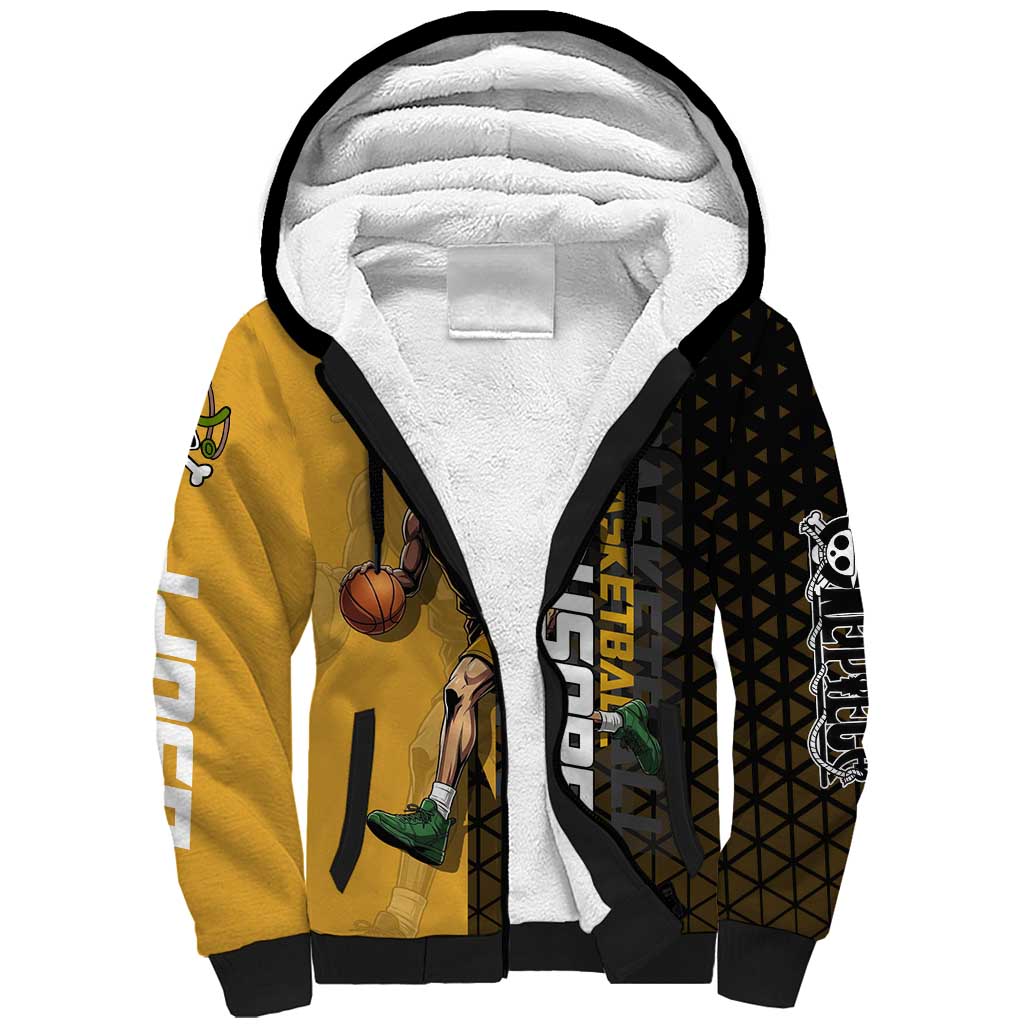 Usopp One Piece Basketball Theme Yellow and Black Design Sherpa Hoodie with Sniper Emblem and Action Pose - The Mazicc