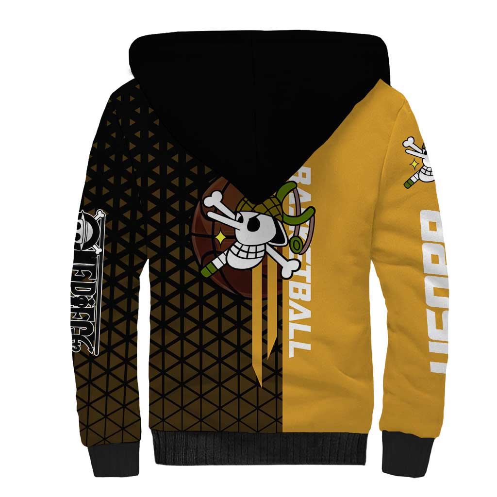 Usopp One Piece Basketball Theme Yellow and Black Design Sherpa Hoodie with Sniper Emblem and Action Pose - The Mazicc