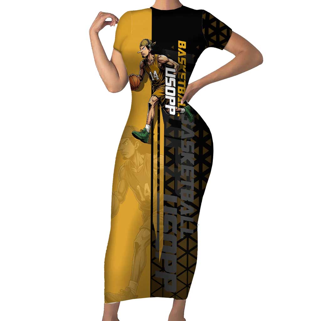 Usopp One Piece Basketball Theme Yellow and Black Design Short Sleeve Bodycon Dress with Sniper Emblem and Action Pose - The Mazicc