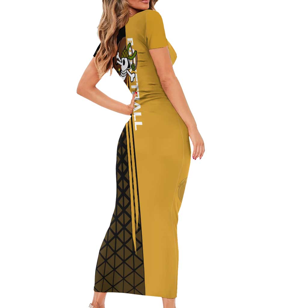 Usopp One Piece Basketball Theme Yellow and Black Design Short Sleeve Bodycon Dress with Sniper Emblem and Action Pose - The Mazicc