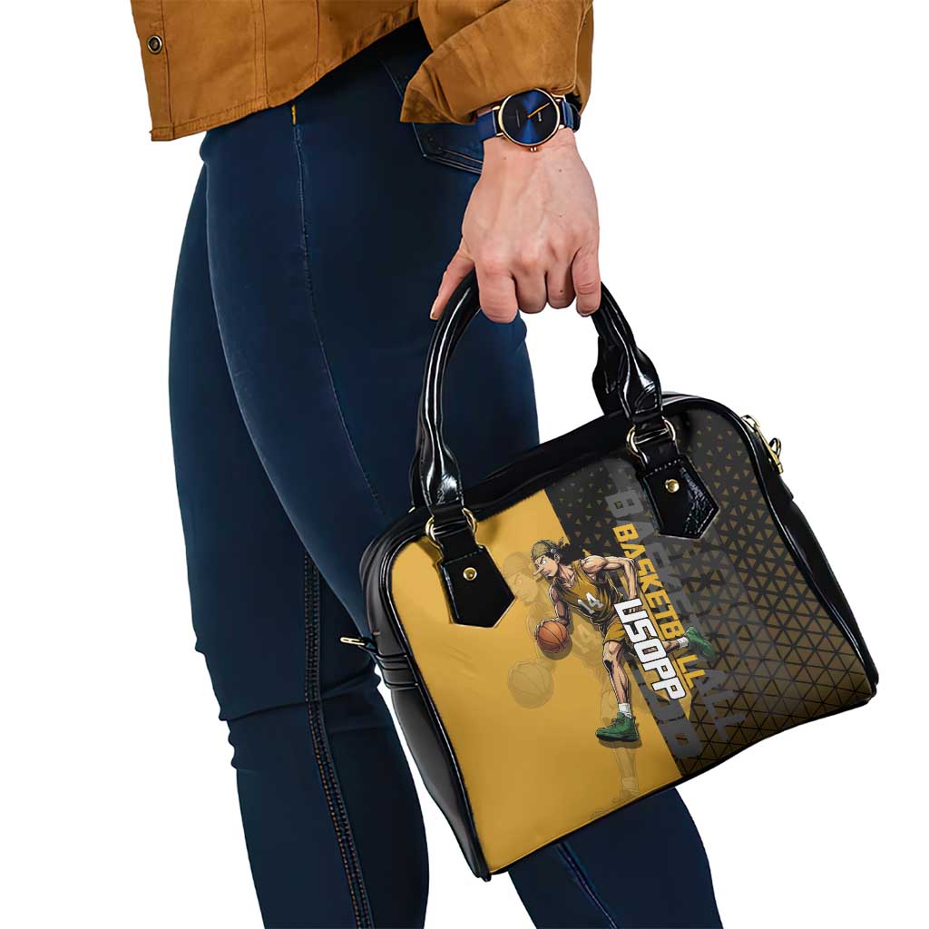 Usopp One Piece Basketball Theme Yellow and Black Design Shoulder Handbag with Sniper Emblem and Action Pose - The Mazicc