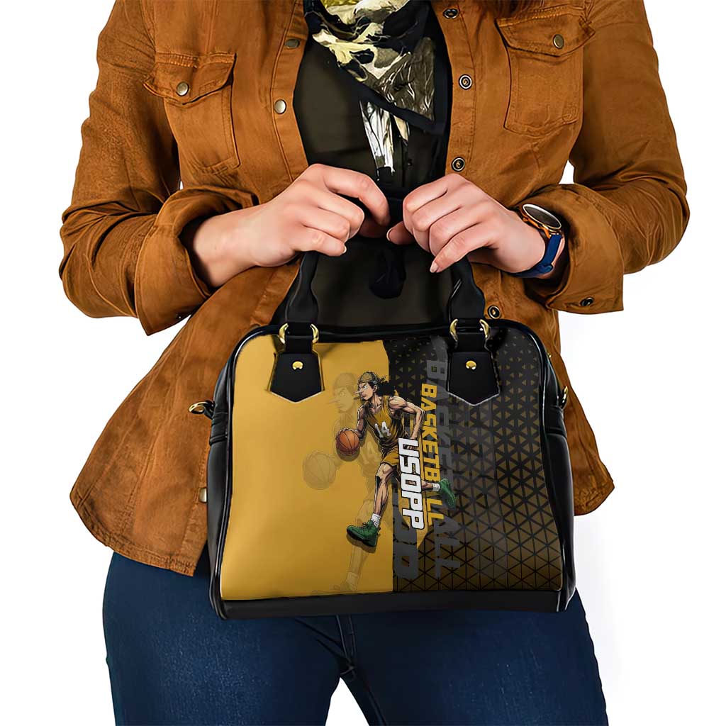 Usopp One Piece Basketball Theme Yellow and Black Design Shoulder Handbag with Sniper Emblem and Action Pose - The Mazicc