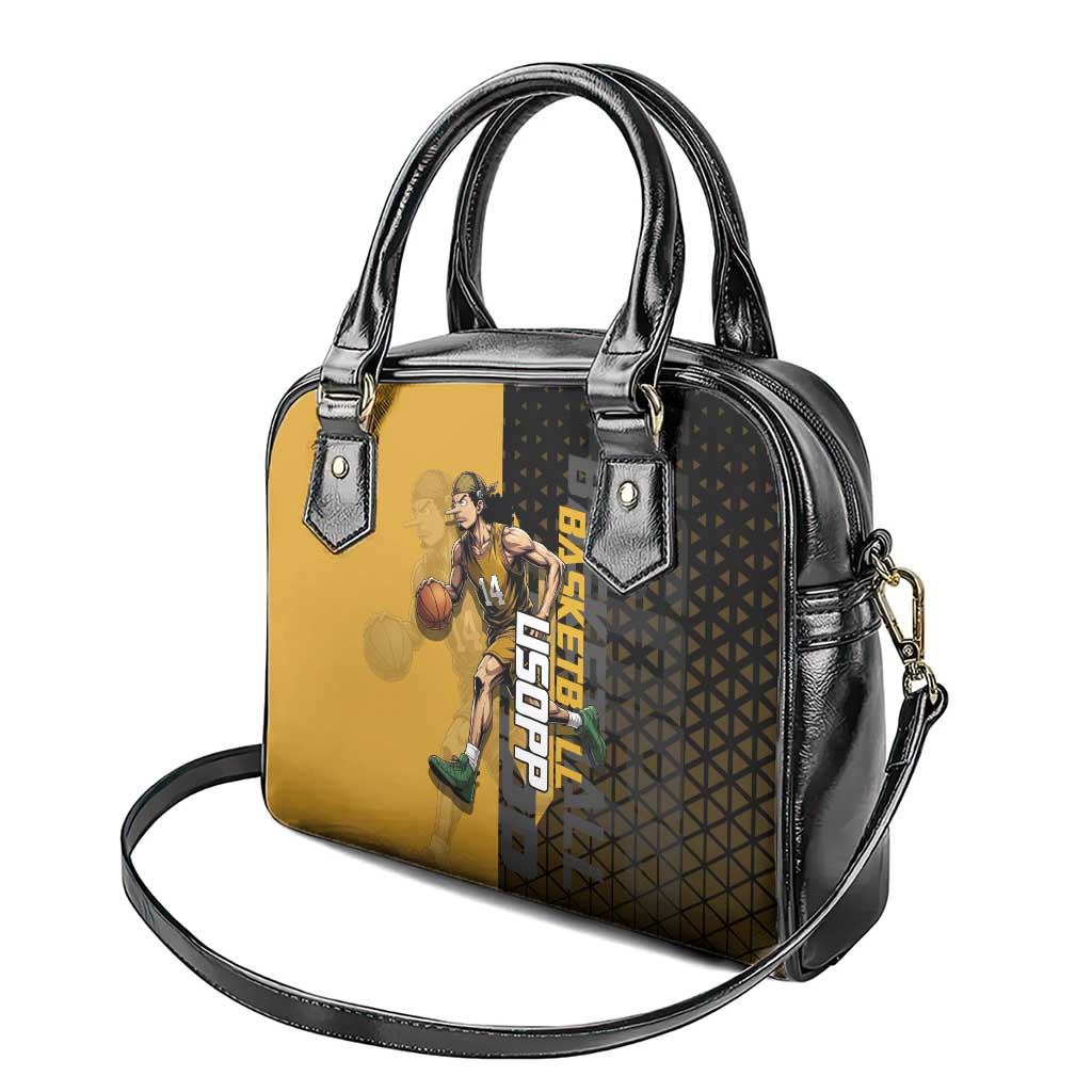 Usopp One Piece Basketball Theme Yellow and Black Design Shoulder Handbag with Sniper Emblem and Action Pose - The Mazicc
