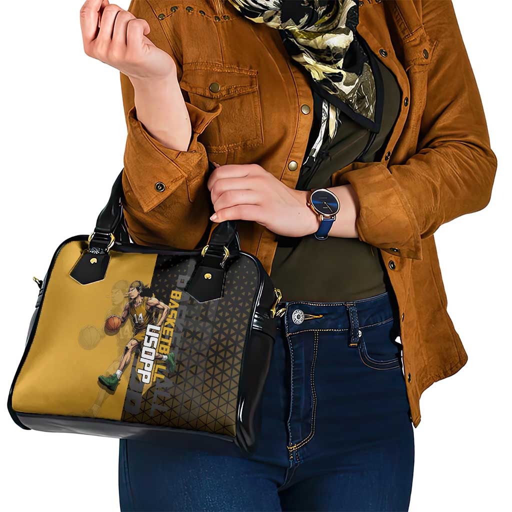 Usopp One Piece Basketball Theme Yellow and Black Design Shoulder Handbag with Sniper Emblem and Action Pose - The Mazicc