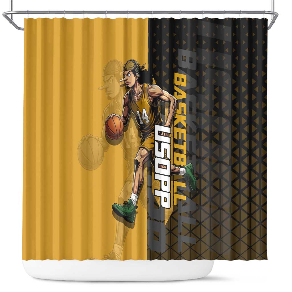 Usopp One Piece Basketball Theme Yellow and Black Design Shower Curtain with Sniper Emblem and Action Pose - The Mazicc
