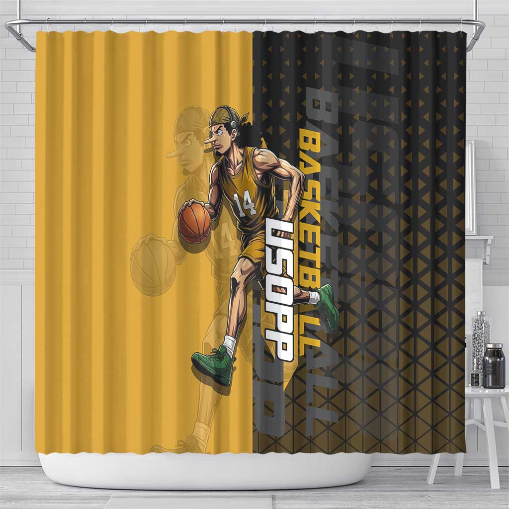 Usopp One Piece Basketball Theme Yellow and Black Design Shower Curtain with Sniper Emblem and Action Pose - The Mazicc
