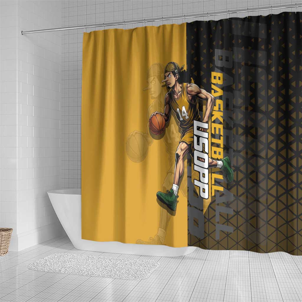 Usopp One Piece Basketball Theme Yellow and Black Design Shower Curtain with Sniper Emblem and Action Pose - The Mazicc