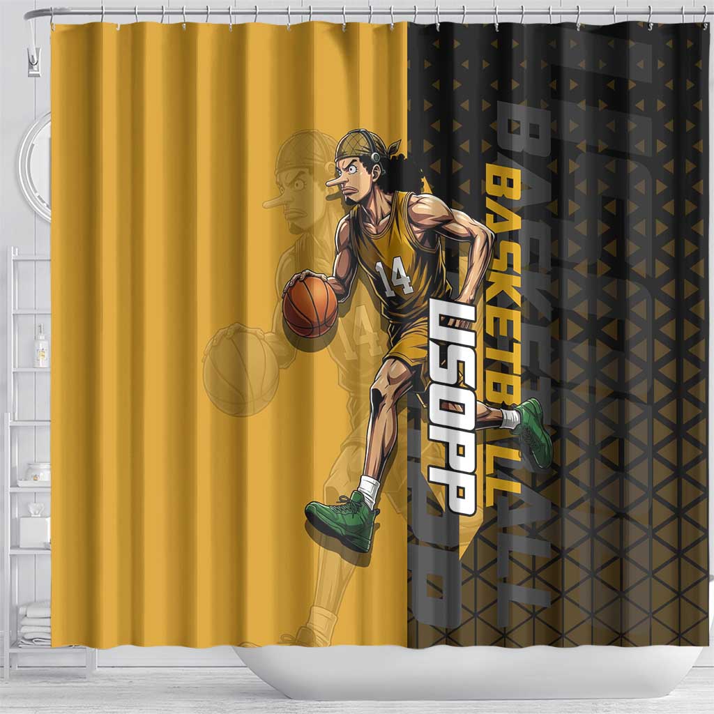 Usopp One Piece Basketball Theme Yellow and Black Design Shower Curtain with Sniper Emblem and Action Pose - The Mazicc