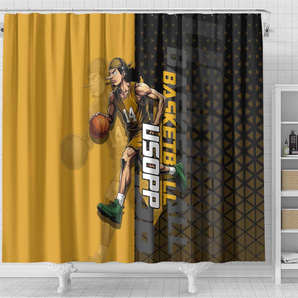 Usopp One Piece Basketball Theme Yellow and Black Design Shower Curtain with Sniper Emblem and Action Pose - The Mazicc